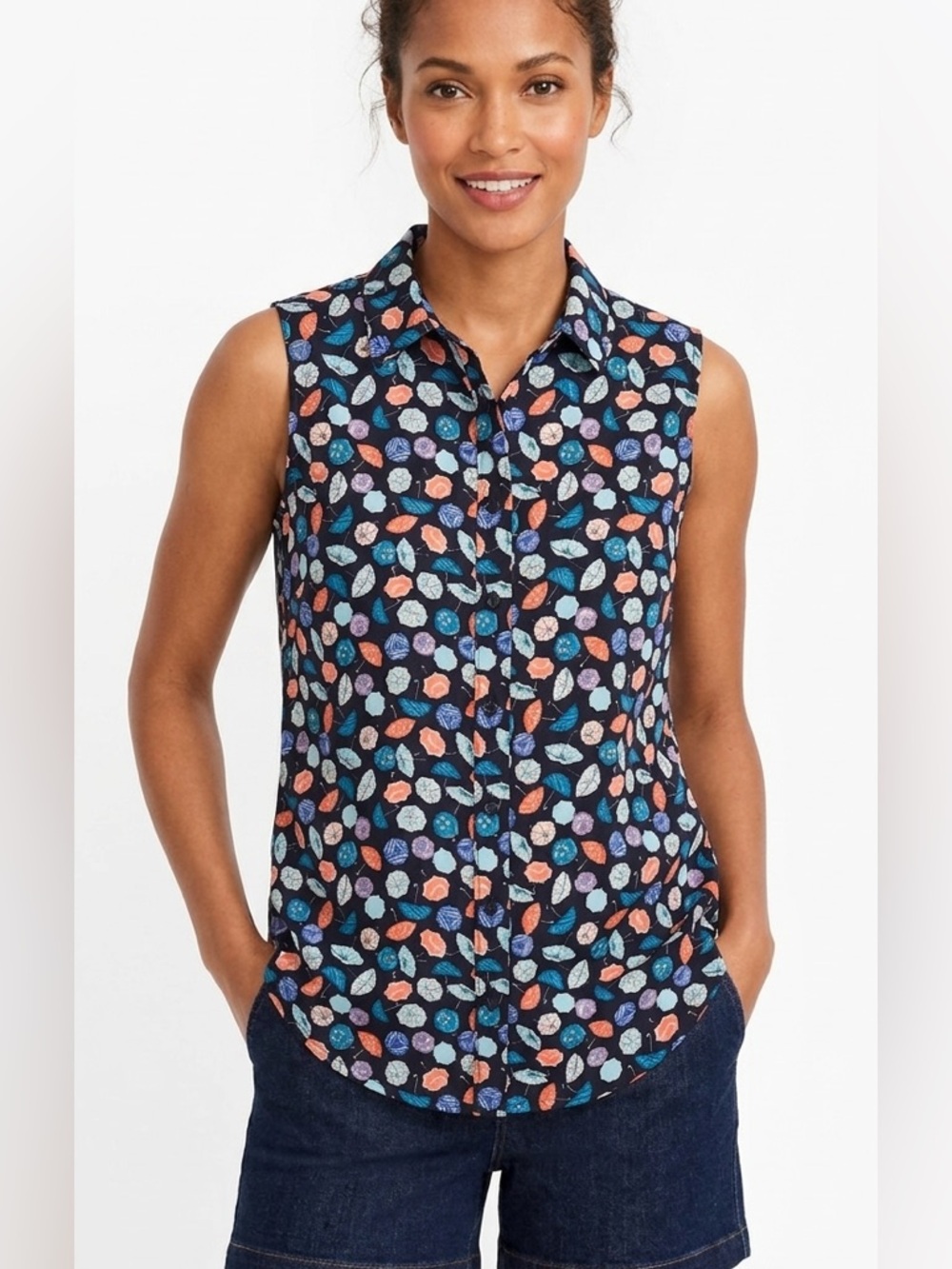 Talbots Navy Sleeveless umbrella Print Button Front blouse Medium